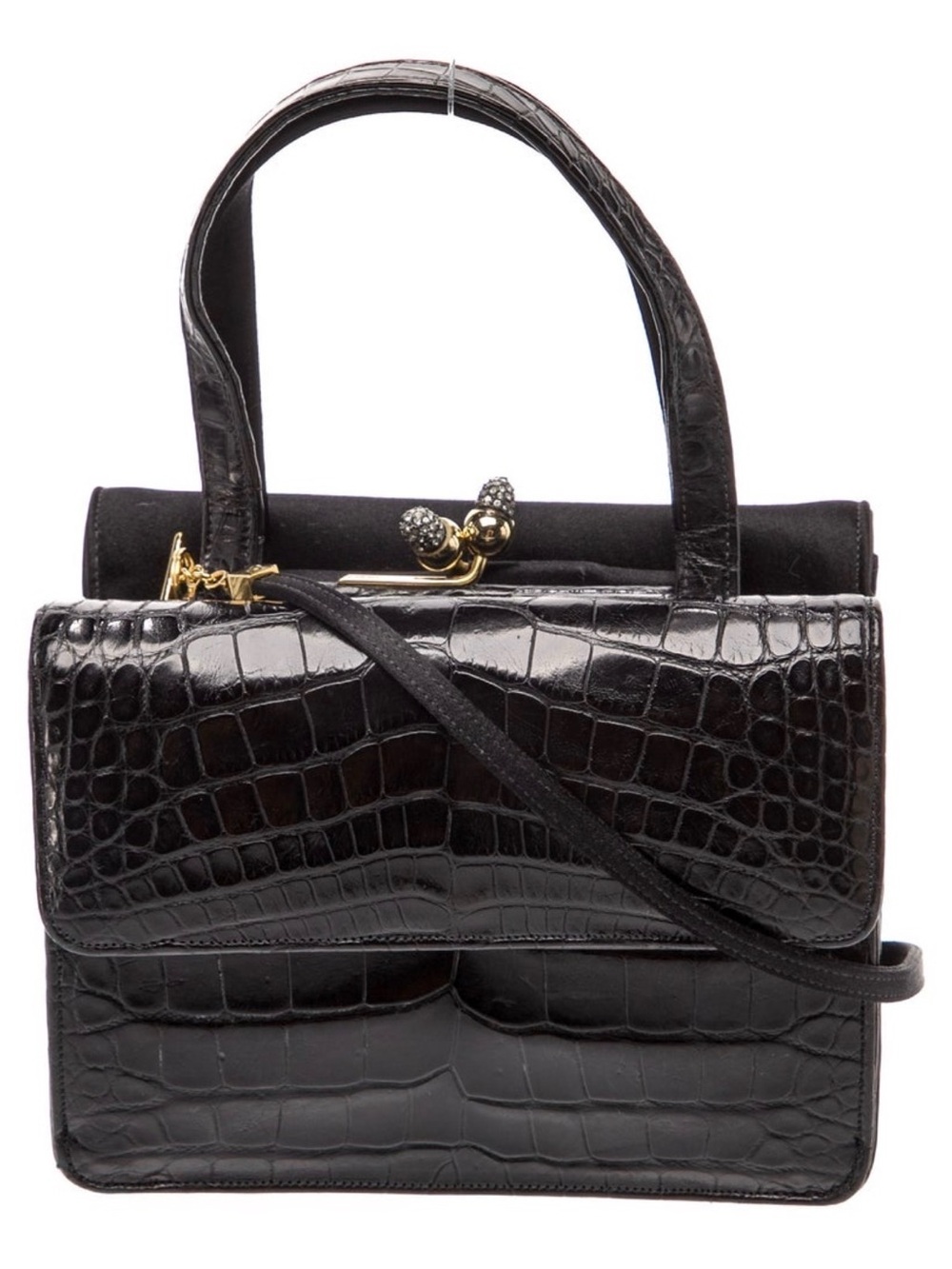 Judith Leiber Black Croc-Embossed Top-Handle Satchel with Gold Accent